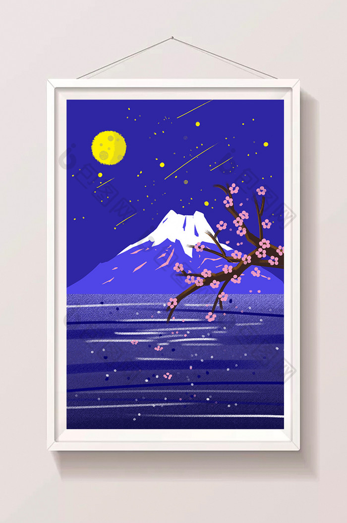 蓝色富士山夜景手绘插画卡通扁平背景素材