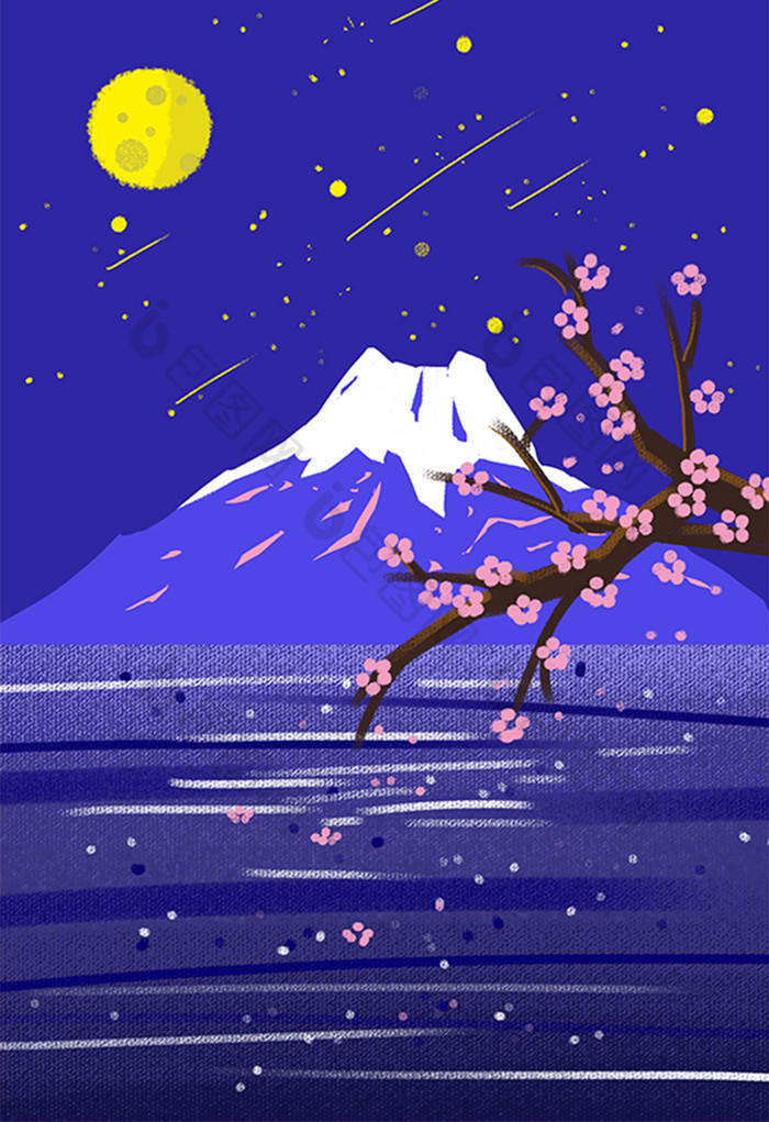 蓝色富士山夜景手绘插画卡通扁平背景素材