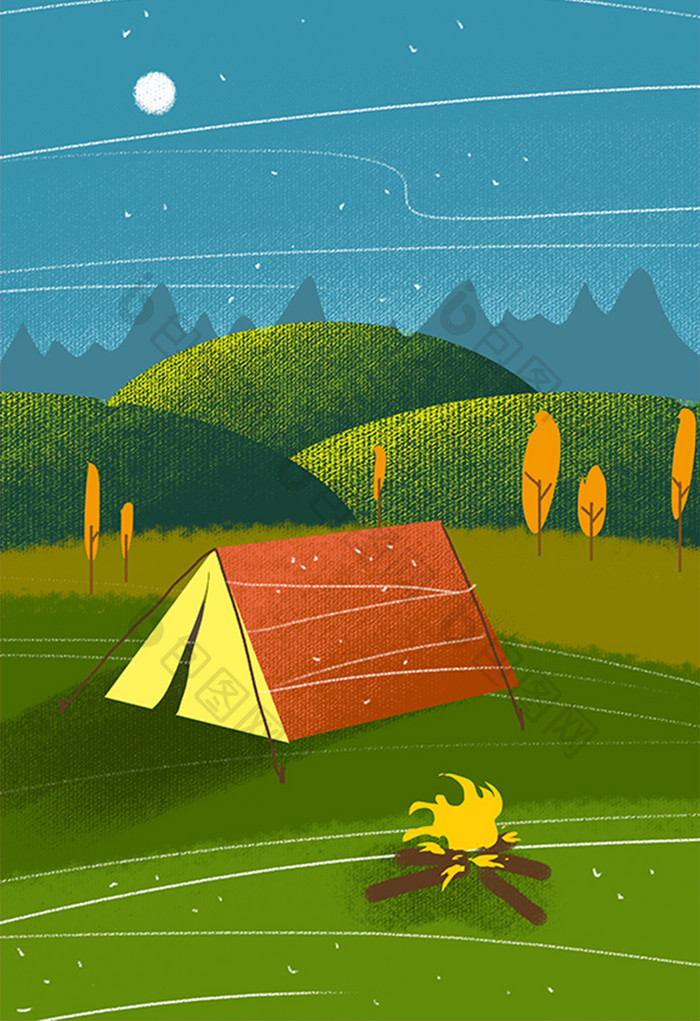 冷色夏日野营帐篷手绘卡通插画背景素材