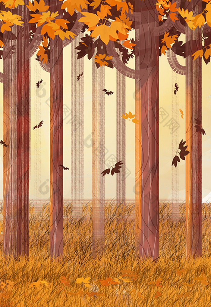 卡通秋天树林落叶草丛