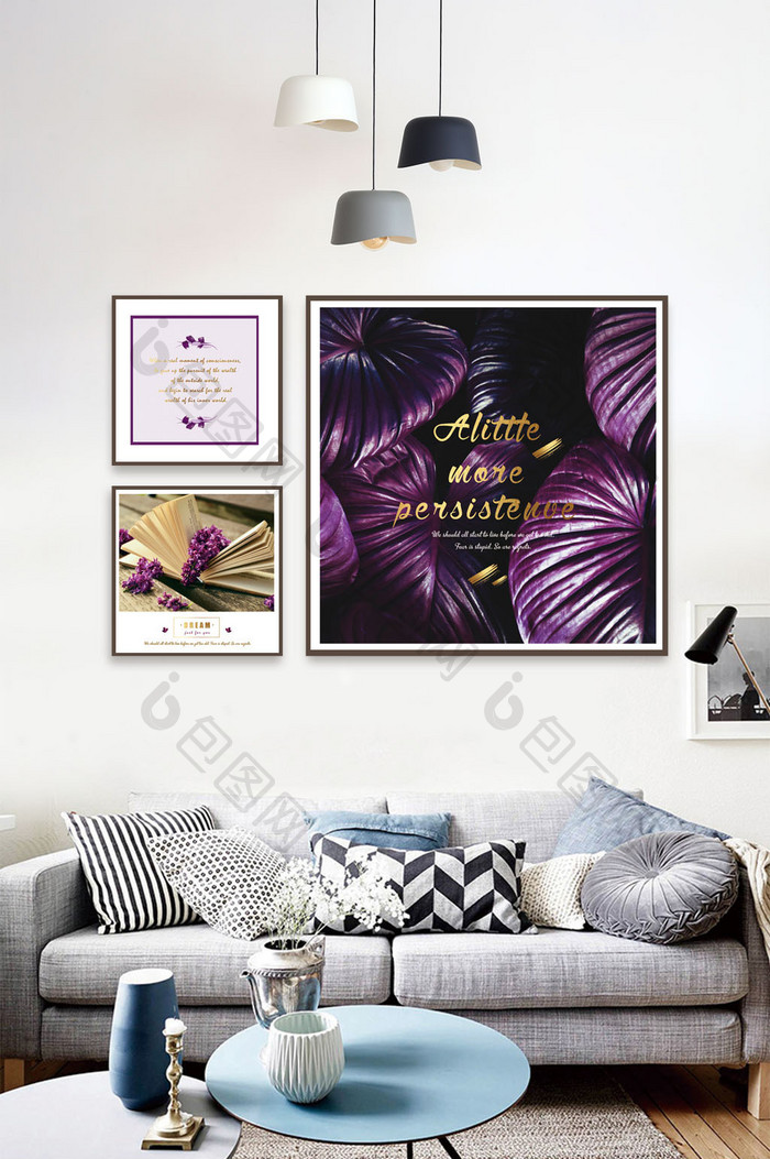 北欧风时尚简约紫色植物花卉风景金箔装饰画