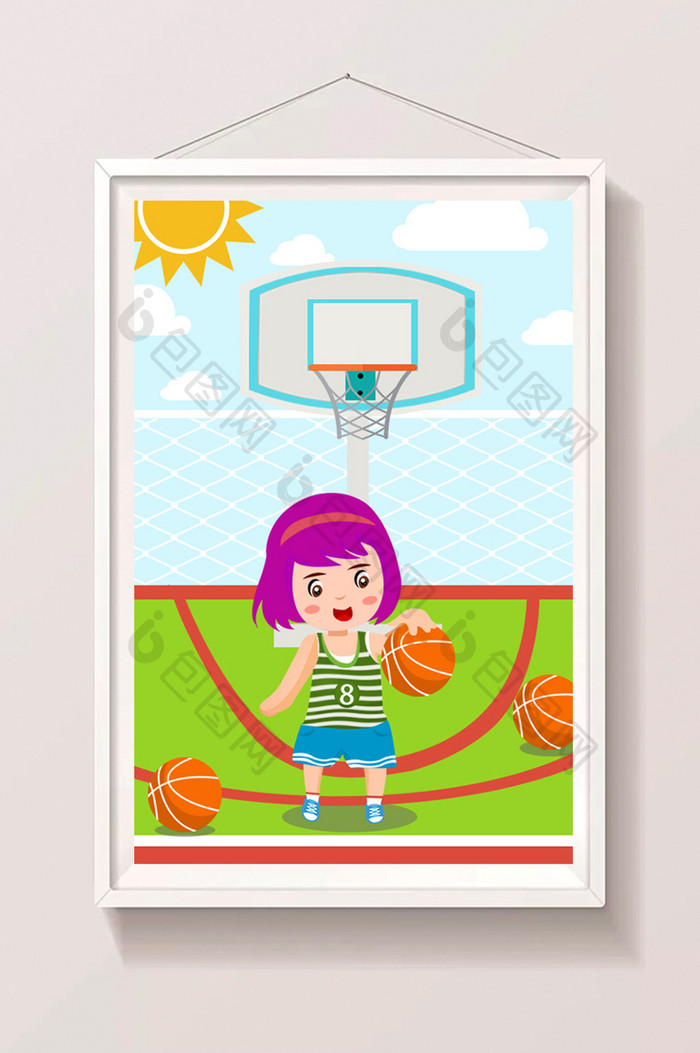 户外篮球场假期女孩打篮球暑假生活插画