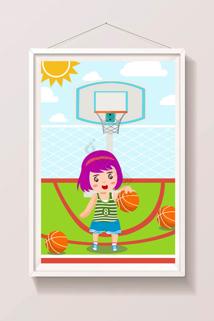 户外篮球场假期女孩打篮球暑假生活插画图片
