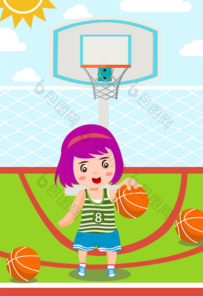 户外篮球场假期女孩打篮球暑假生活插画