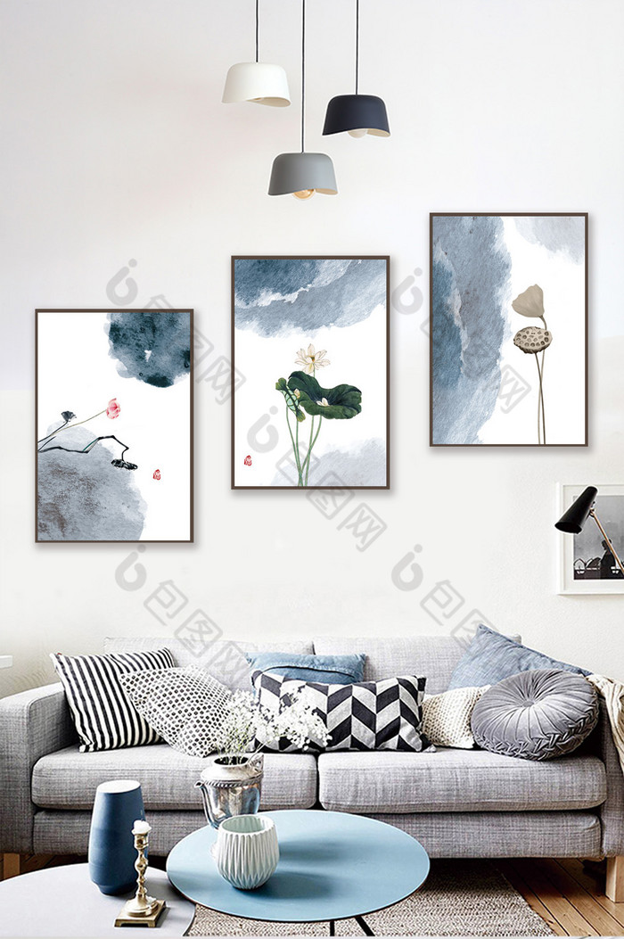 新中式水墨线稿装饰画-新中式水墨线稿装饰画效果图-【包图网】