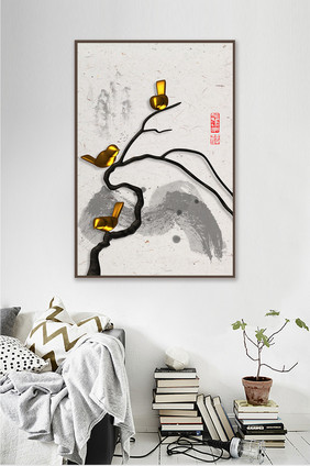 中国风水墨树枝小鸟装饰画