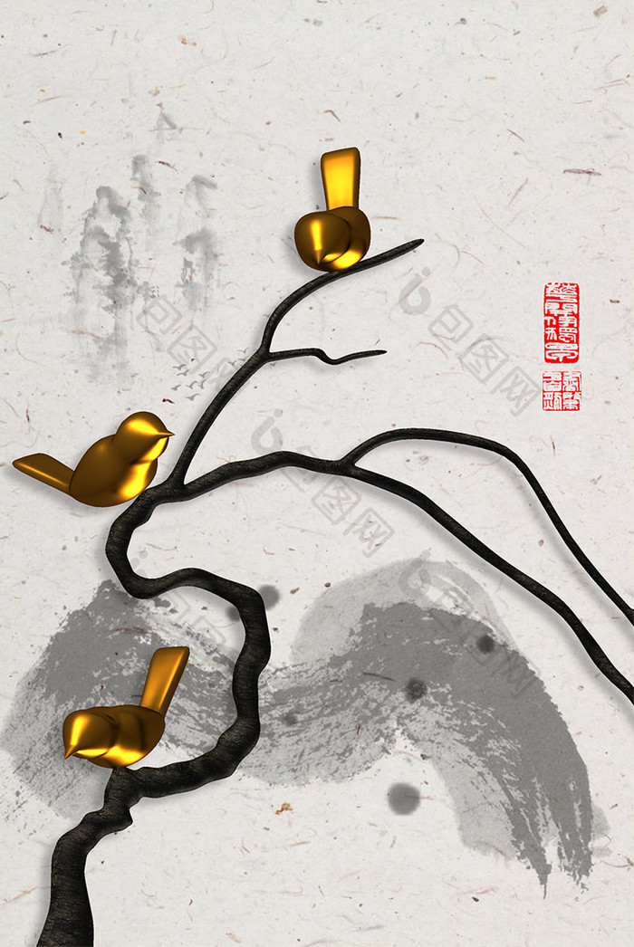 中国风水墨树枝小鸟装饰画