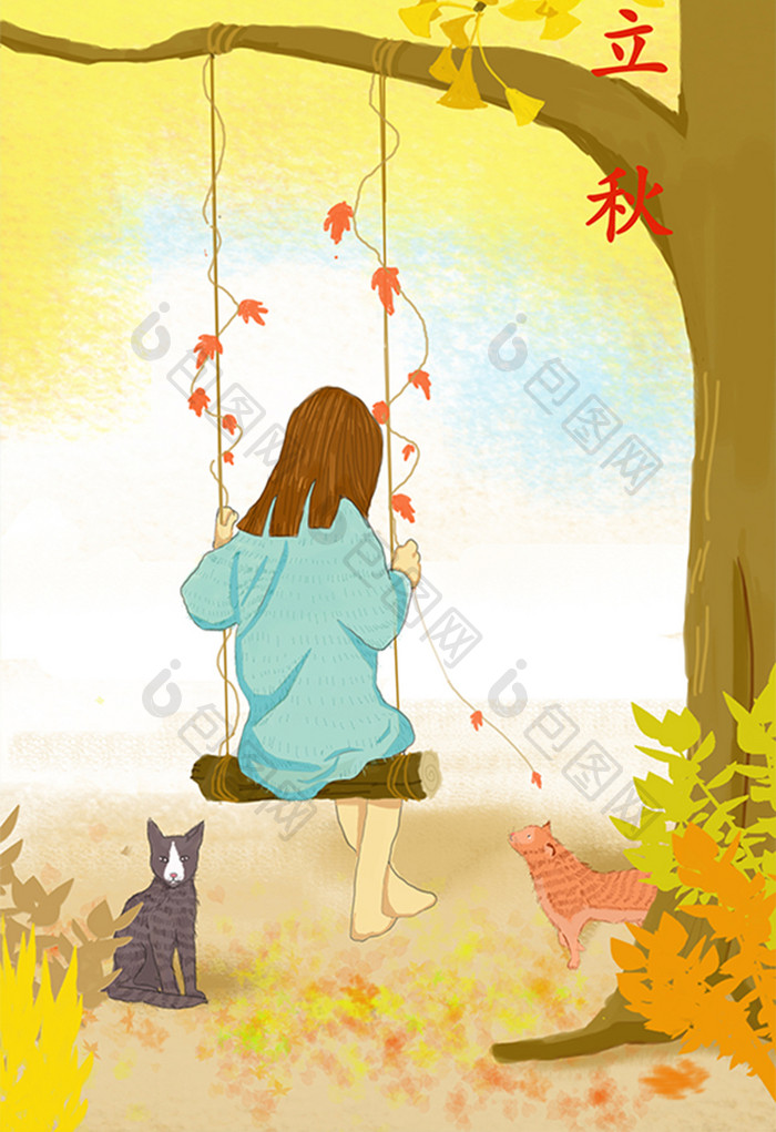 清新唯美立秋荡秋千的少女和她的猫插画