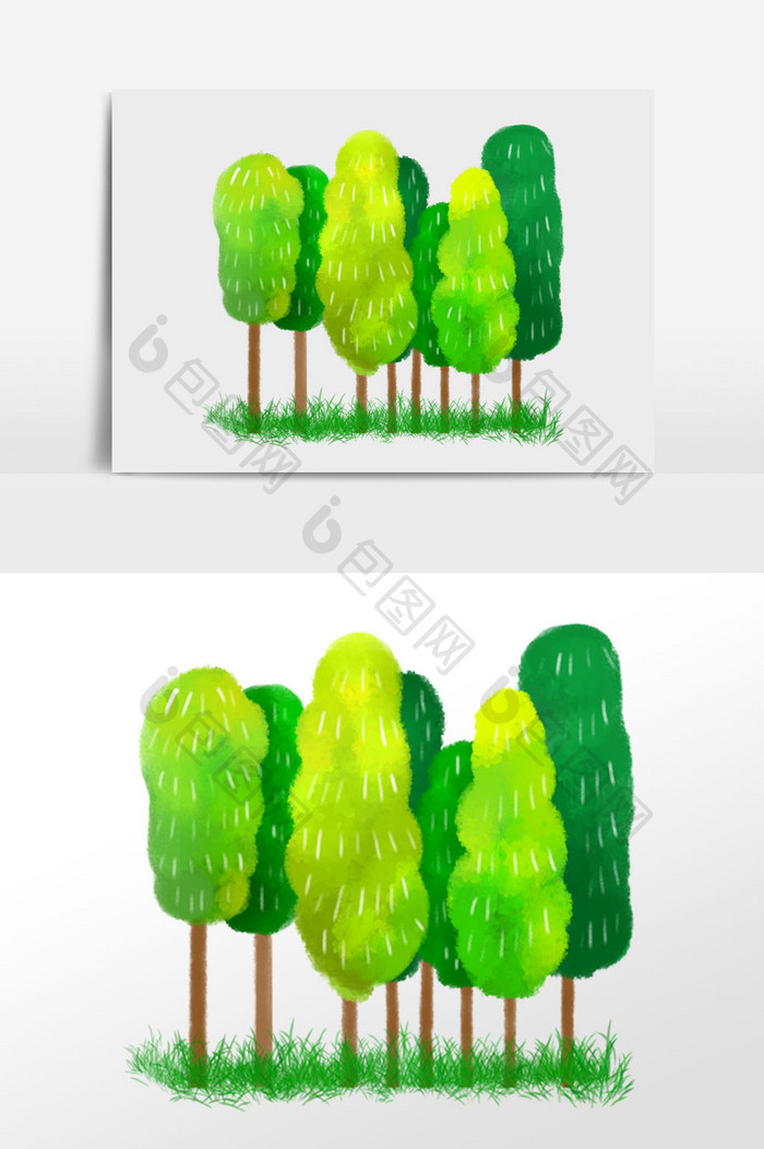简洁绿色森林树木手绘背景元素素材