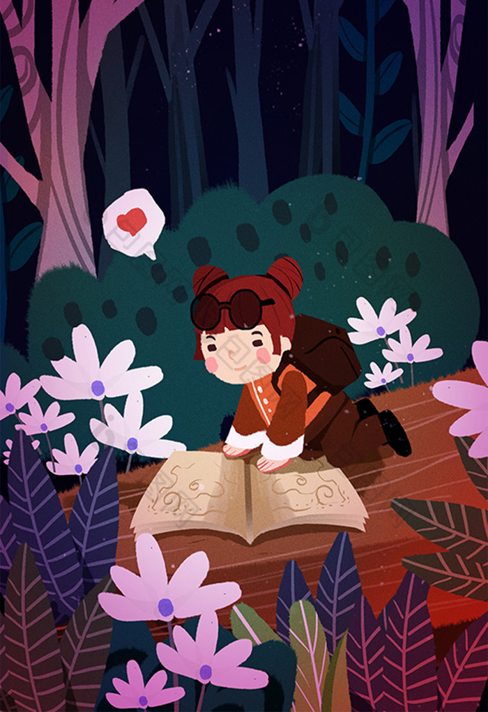 卡通唯美暑假假期女孩勇敢冒险探险插画