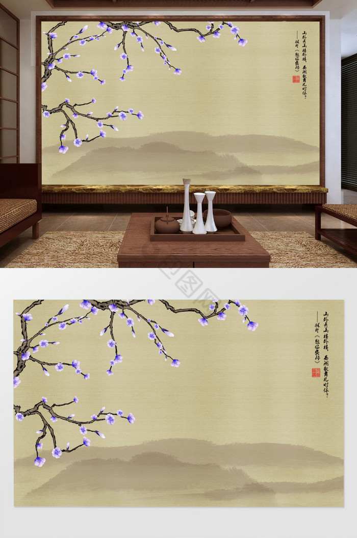 素雅新中式花鸟山水电视背景墙图片