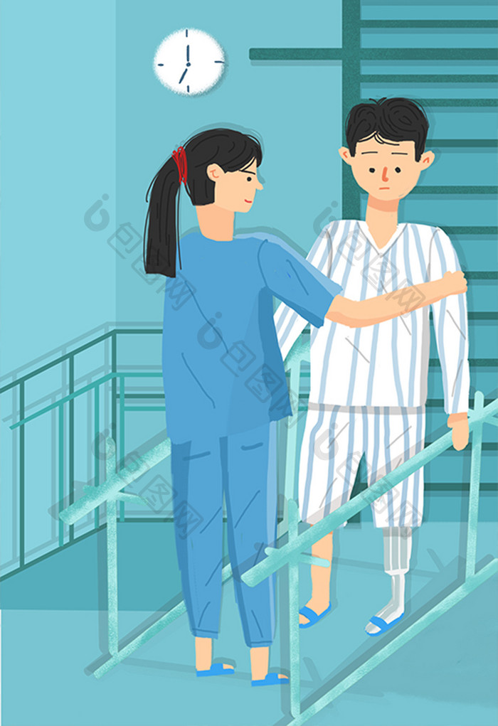卡通清新康复治疗医院护士病人看病医疗插画