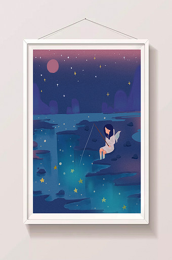 梦幻紫蓝夜晚白色小女孩垂钓星星插画图片