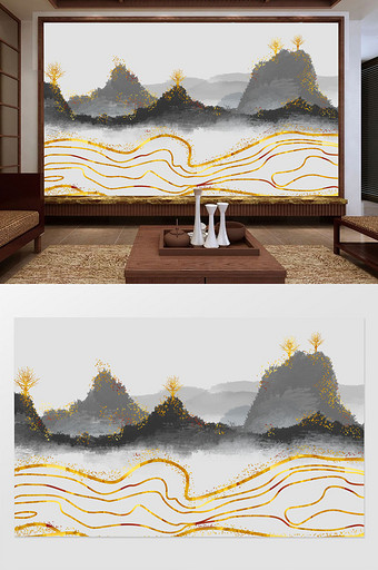 金箔线条山水新中式电视背景墙图片