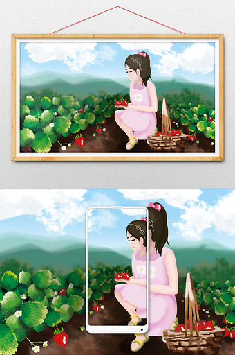 暑假采摘草莓的小女孩插画图片