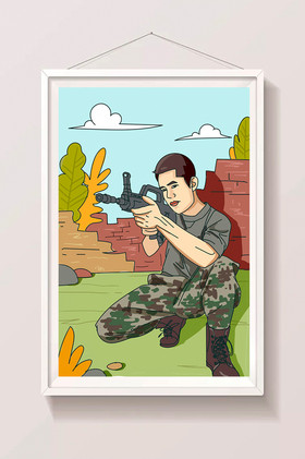 八一建军节托枪大兵插画