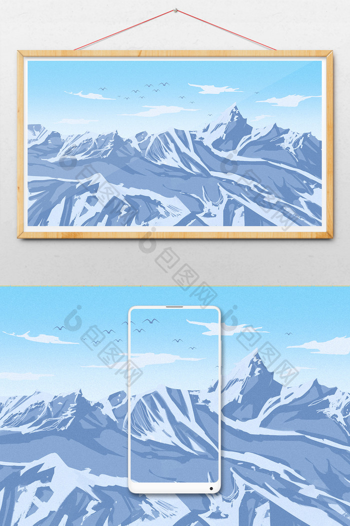 蓝色扁平写实雪山冰川插画背景