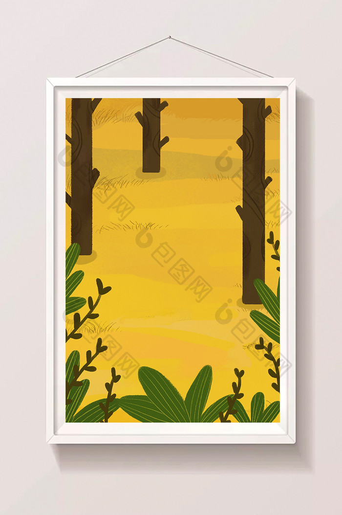 黄色卡通手绘树林植物