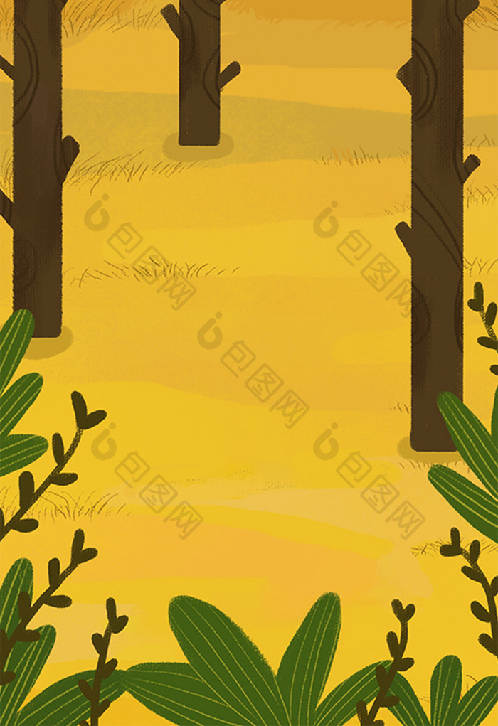黄色卡通手绘树林植物