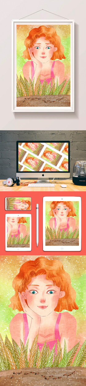 女孩暑假大自然观察蚂蚁插画