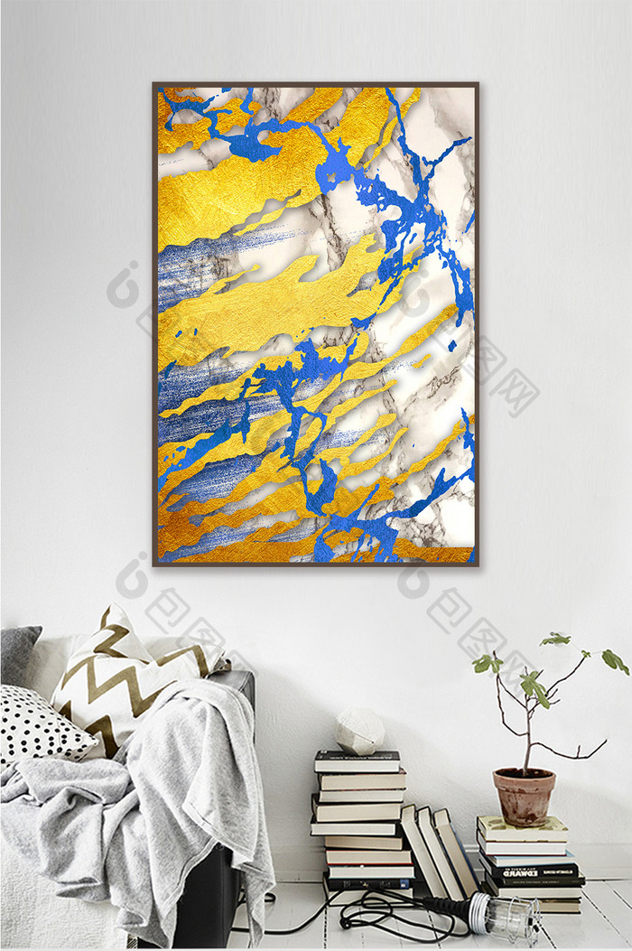 现代抽象金色和蓝色结合客厅装饰画