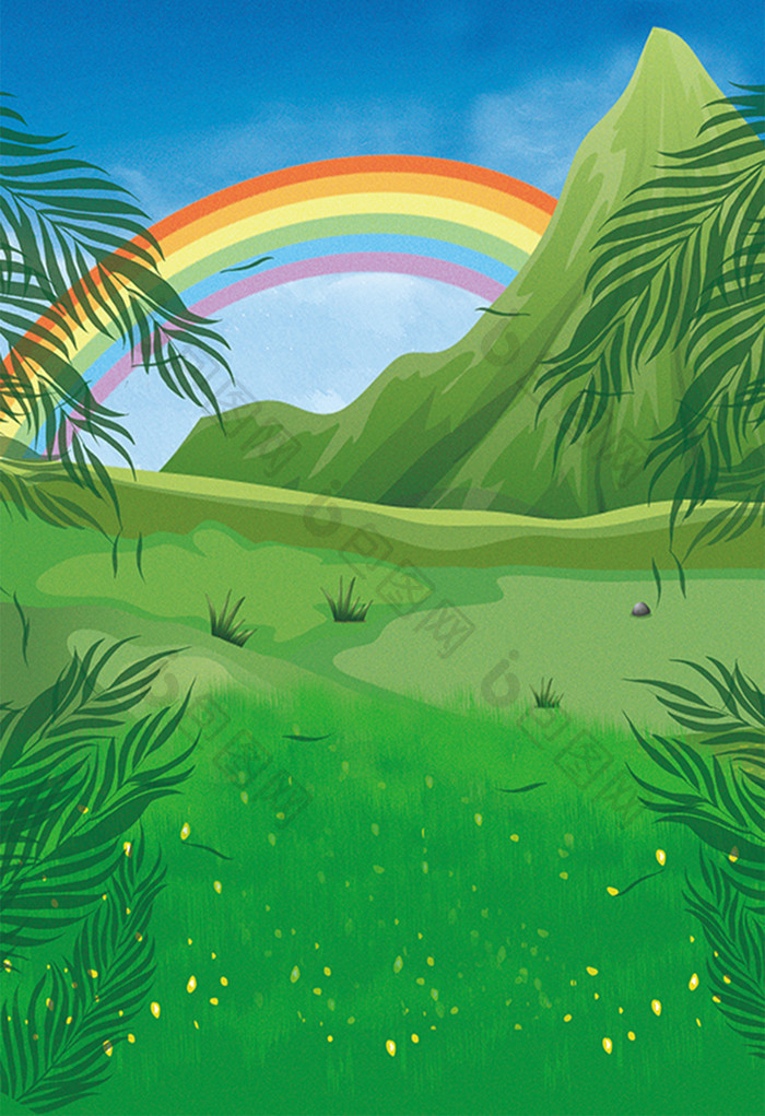 卡通手绘草地高山彩虹风景