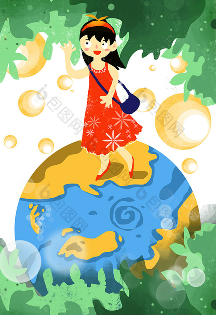 小清新绿色系环球旅行假期度假手绘插画