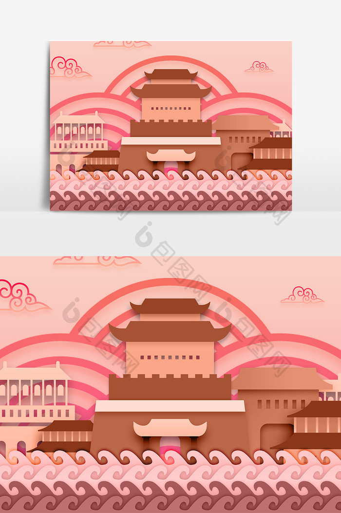 中国风古建筑古韵城墙剪纸风格装饰素材