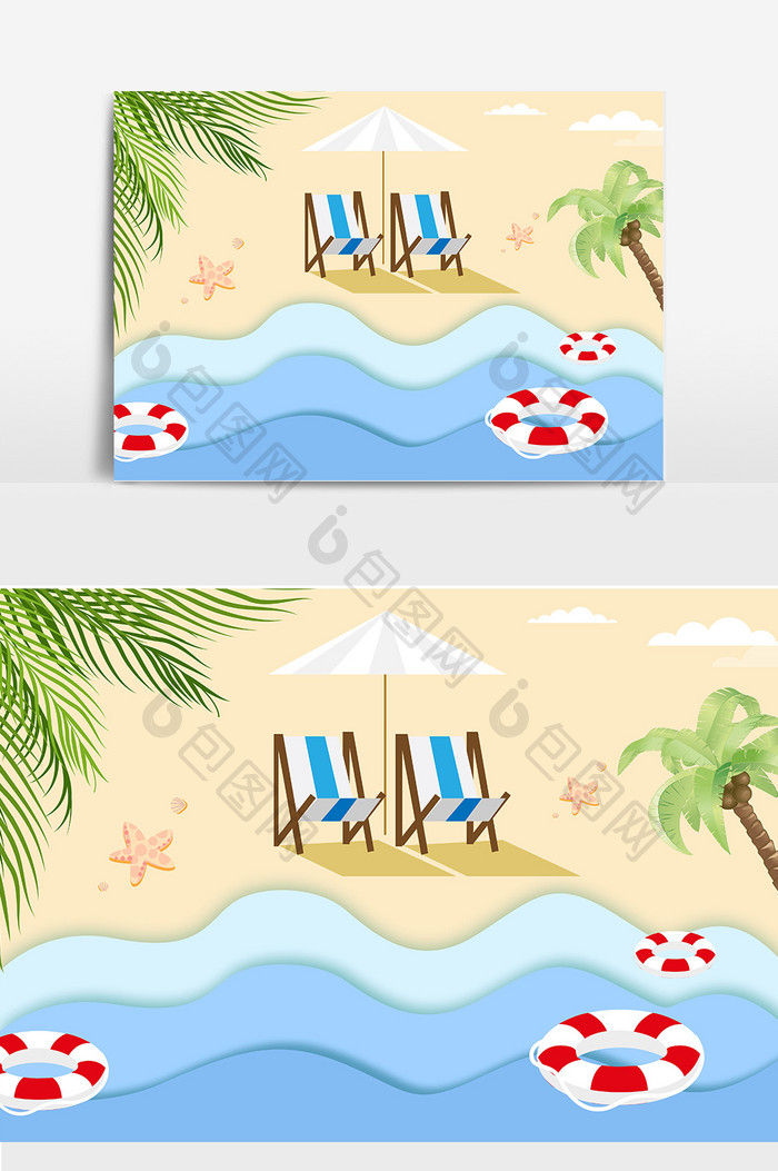 旅游度假小岛海岸沙滩剪纸风