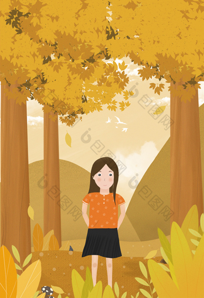 秋季金色森林可爱女孩唯美插画