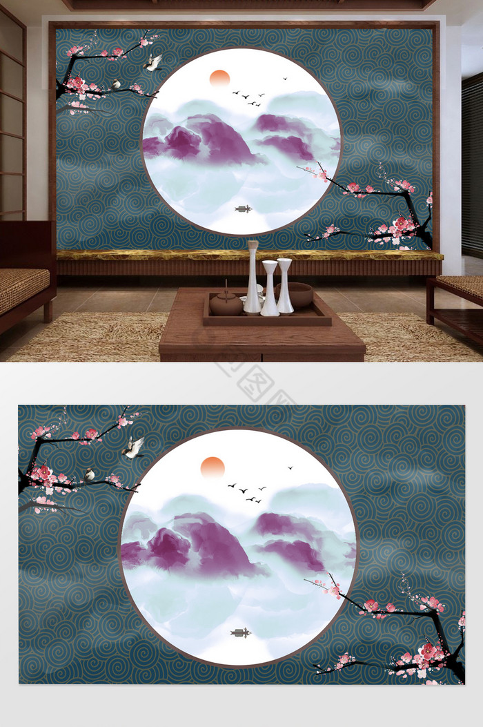 新中式创意水墨山水桃花背景墙图片