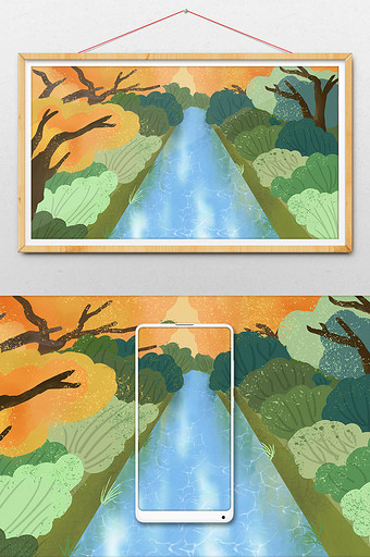 日系清新节气立秋海报设计河流手绘背景插画图片