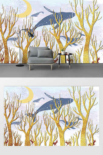 新现代金色树木背景墙图片