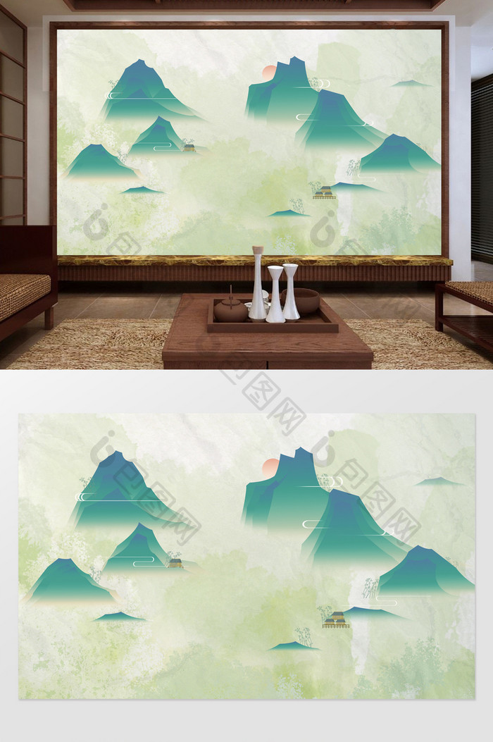 新中式淡雅彩色山水背景墙