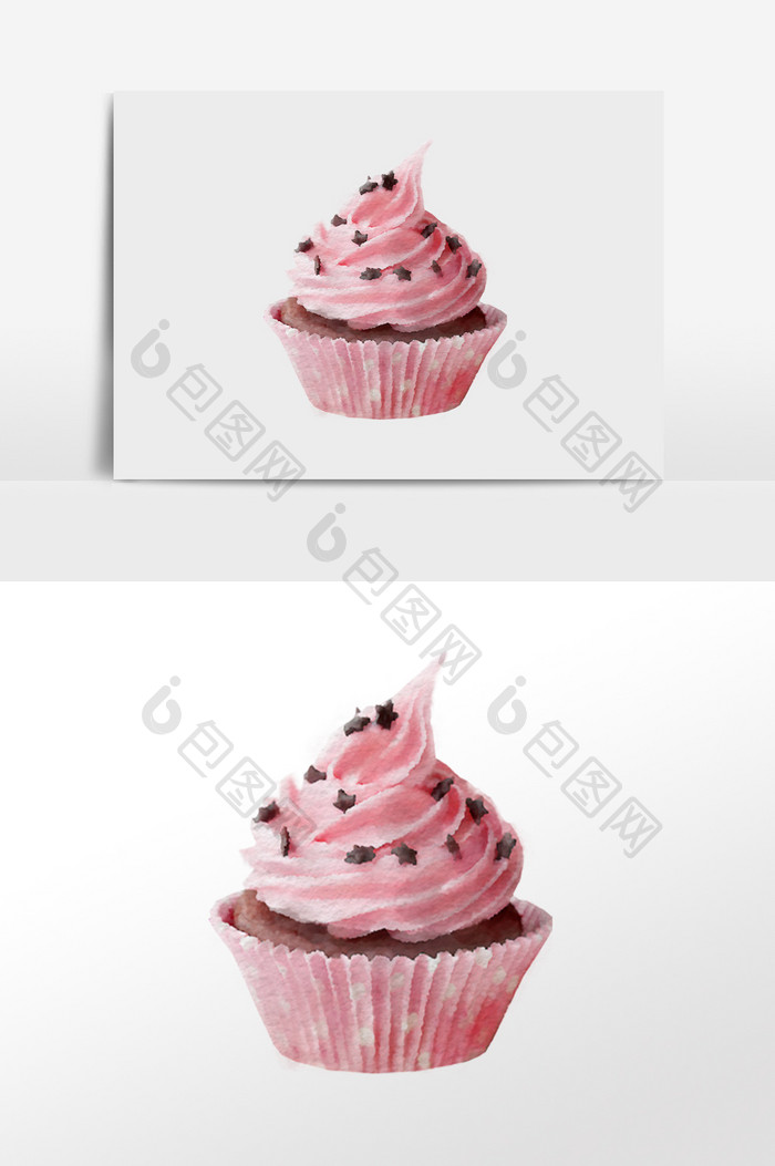 水彩手绘粉红蛋糕巧克力蛋糕杯