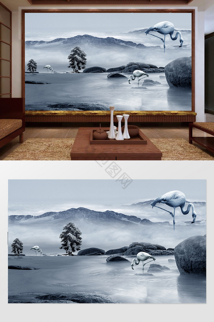 新中式抽象山水森林远山背景墙图片