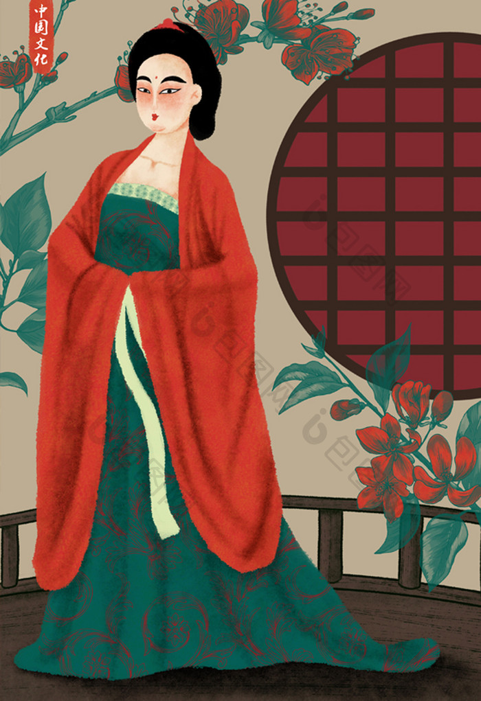 唯美中国风中国传统文化唐朝服饰插画