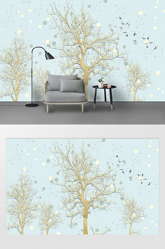 现代唯美树木金沙纹理飞鸟背景墙图片