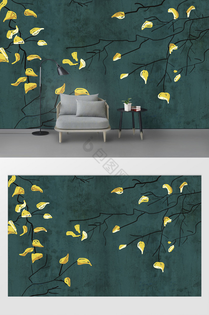 北欧现代唯美手绘树枝叶子背景墙图片