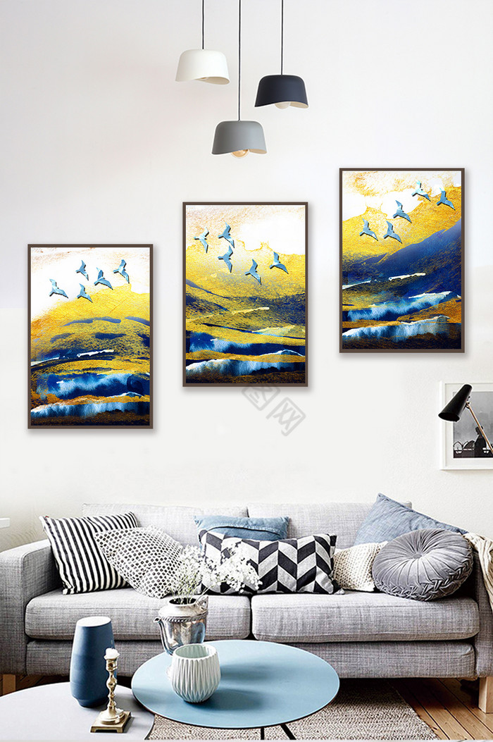 现代抽象蓝色金色图案水蓝飞鸟客厅装饰画图片