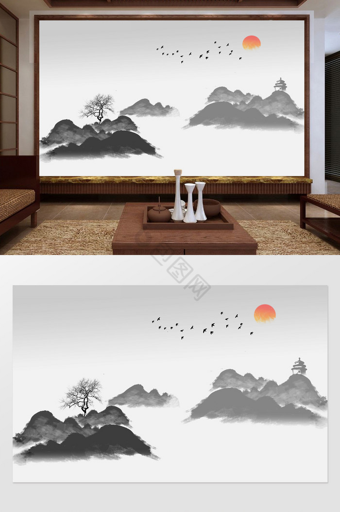 中式手绘抽象水墨山水背景墙定制图片