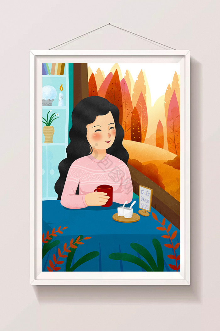 立秋节气美女窗边喝茶插画图片