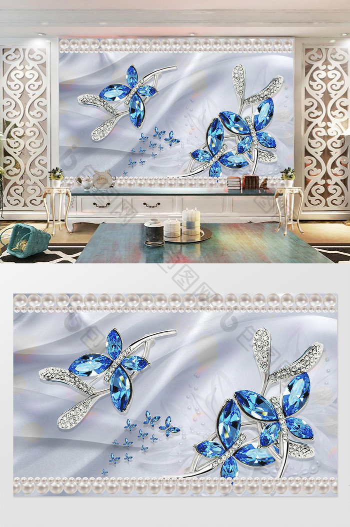高贵绸缎蓝色宝石珠宝背景墙