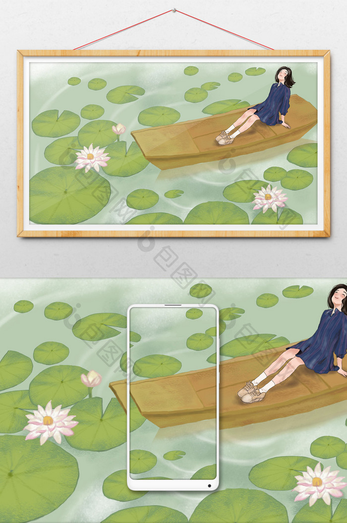 清新节气大暑女孩夏季夏日划船玩水插画海报