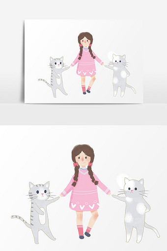 卡通猫咪女孩水彩设计图片