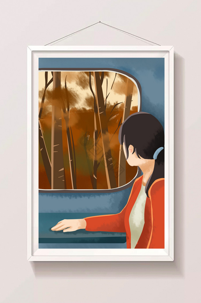 旅途火车秋天立秋秋日树林风景女性落叶车厢图片