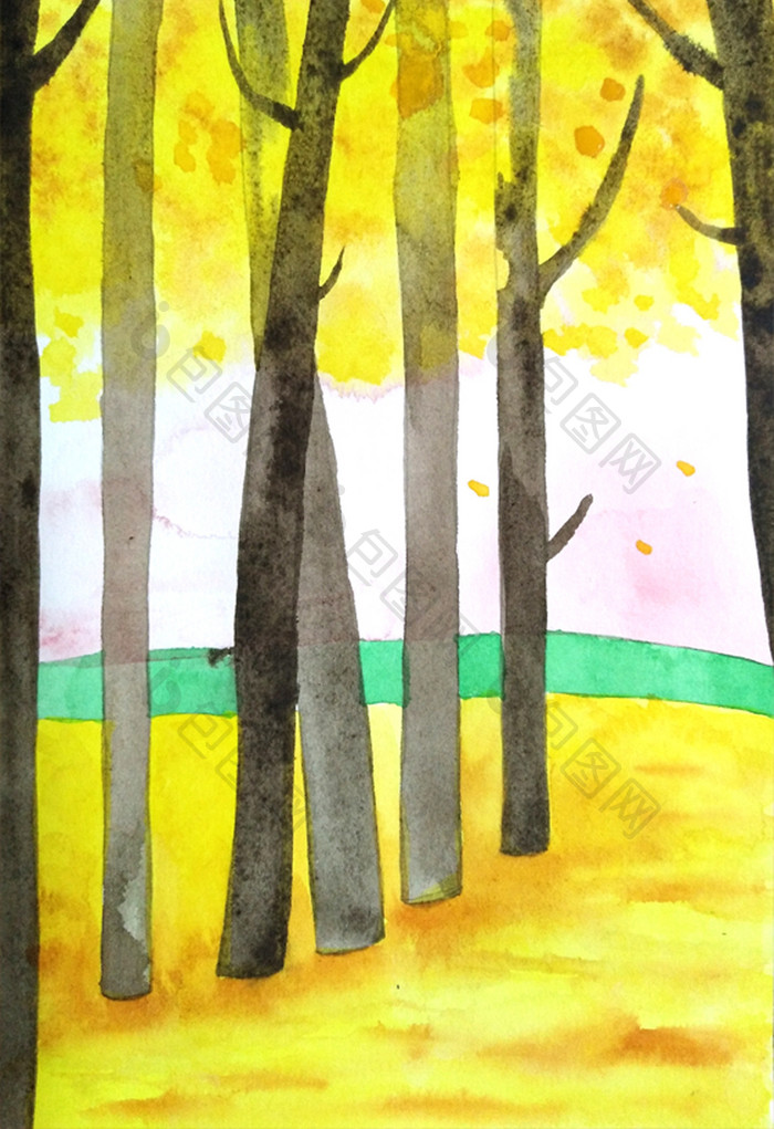 黄色手绘水彩小清新治愈秋天背景