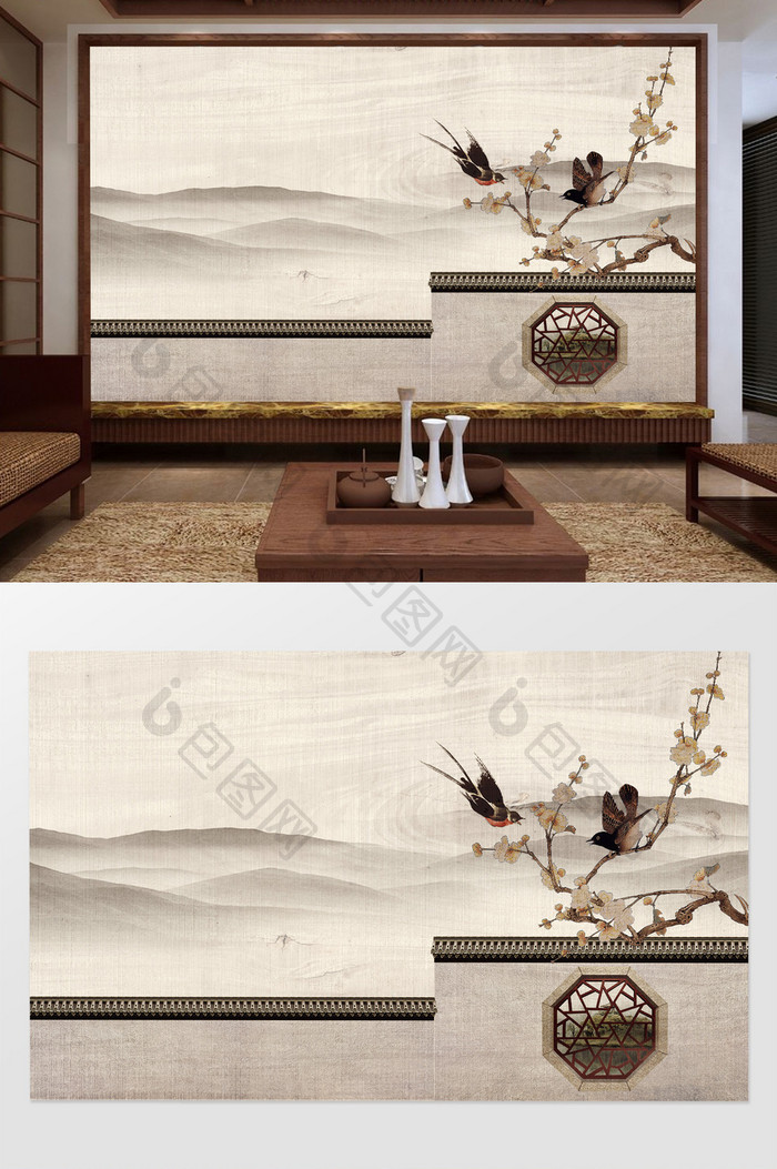 新中式飞鸟树枝徽派墙体水墨背景墙装饰定制