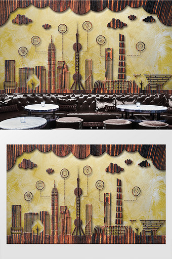 工装木质纹理城市风景背景墙图片