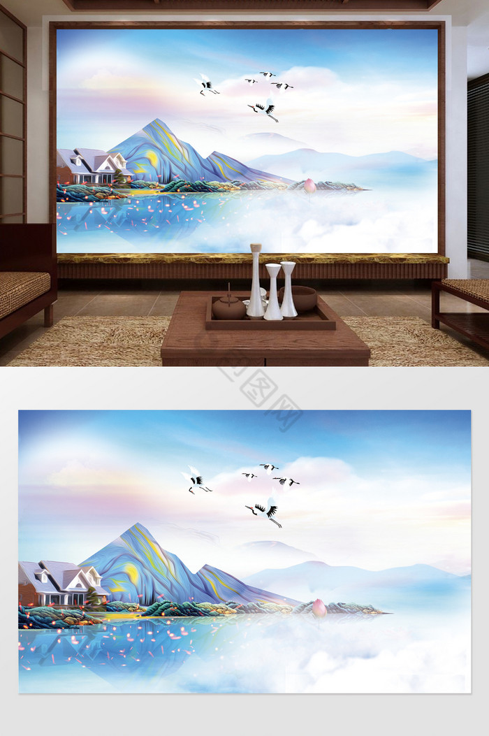 新中式彩色抽象山水风景背景墙图片